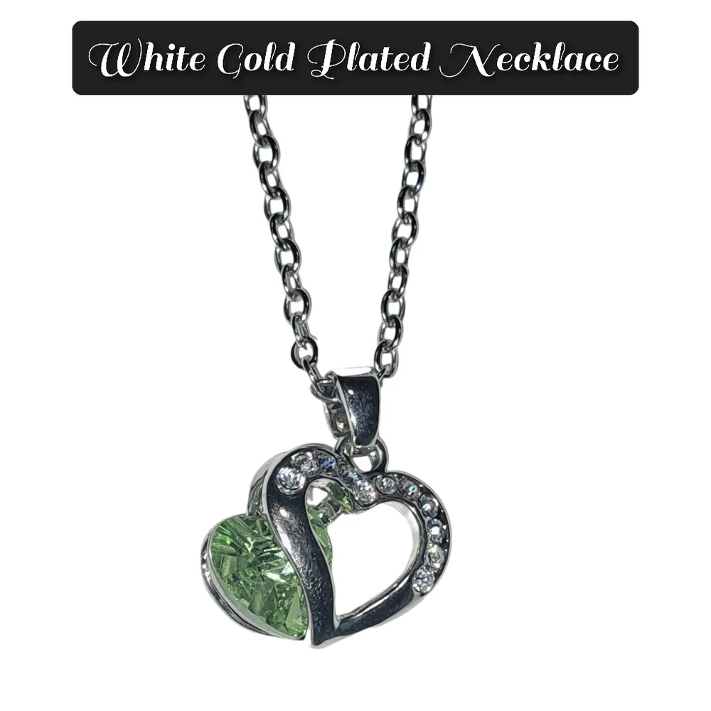 White Gold Plated Green CZ Heart Pendant with Stainless Steel Necklace